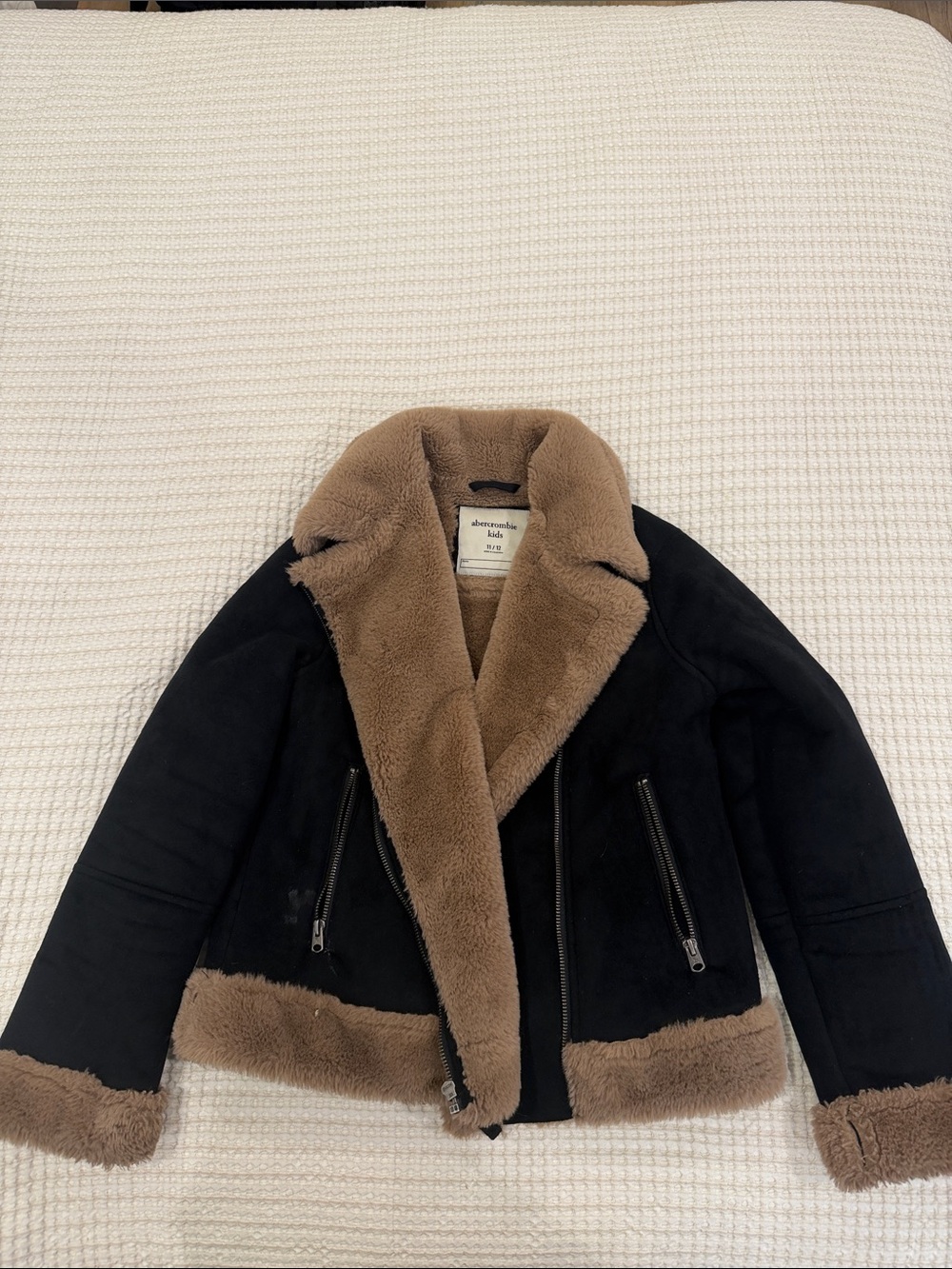 Abercrombie Kids Black Moto Shearling Jacket with Brown Lining